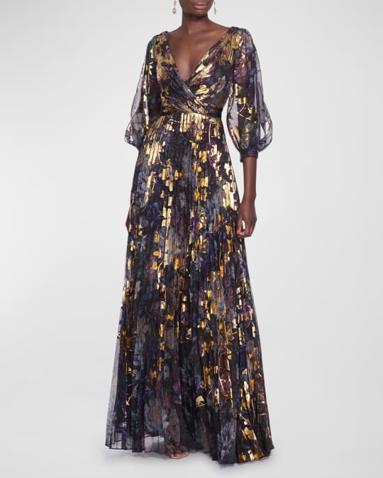 Foiled Blouson Sleeve Pleated Gown