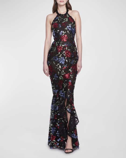 marchesa notte floral embroidered high low dress Embroidered Velvet High Low Dress by Marchesa Notte