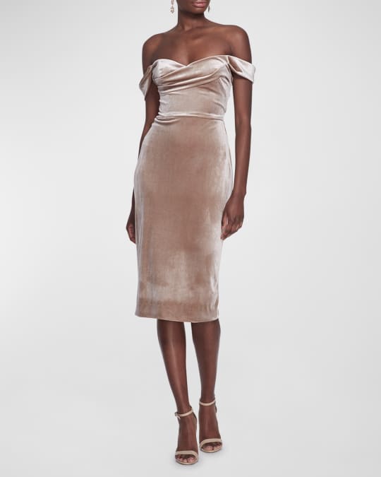 white christmas dresses Marchesa Notte Off-The-Shoulder Midi Dress, 6 / Pink main image 1