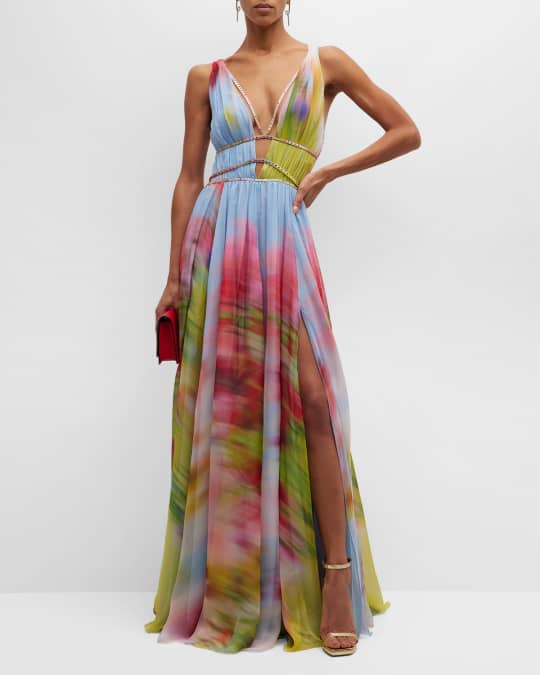Strass Strappy Plunging Blurred Landscape Print Chiffon Gown