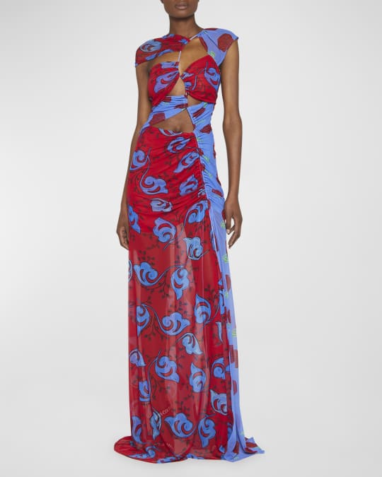 Twig Print Ruched Cut Out Maxi Dress