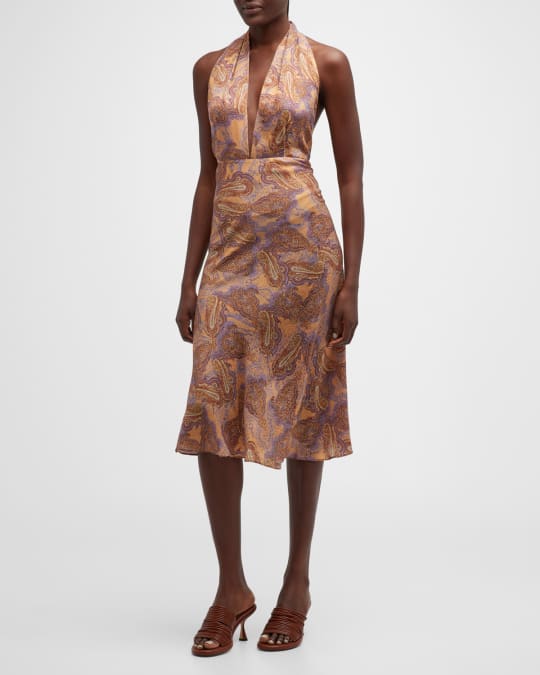 Adriana Iglesias Clara Paisley-Print Plunging Halter Silk Midi Dress |  Neiman Marcus