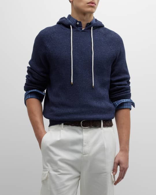 Brunello Cucinelli Men's Cotton-Linen Rib Knit Hoodie