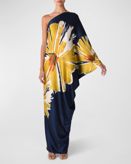 Silvia Tcherassi Inu Flower-Print One-Shoulder Silk Gown | Neiman Marcus