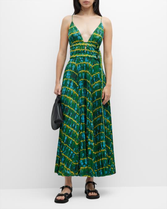 tie dye print plunging neck belted maxi dress Altuzarra Winda Double-Belted Pleated Tie-Dyed Maxi Dress