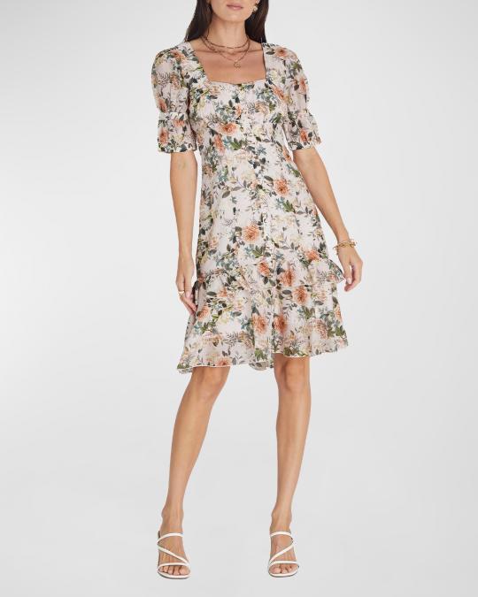 aqua puff sleeve mini dress Aqua Floral Toile Puff Sleeve Mini Dress - Exclusive - White/Blue
