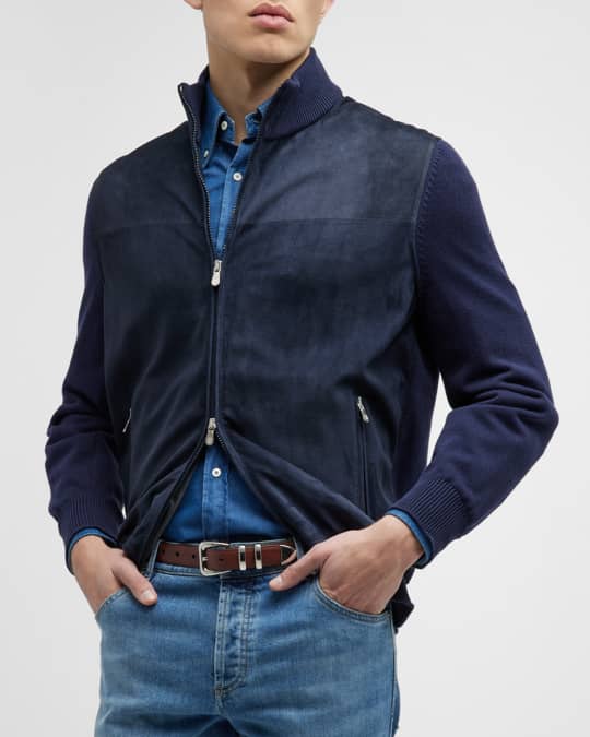 Men s Suede Full Zip Blouson Jacket with Knit Sleeves