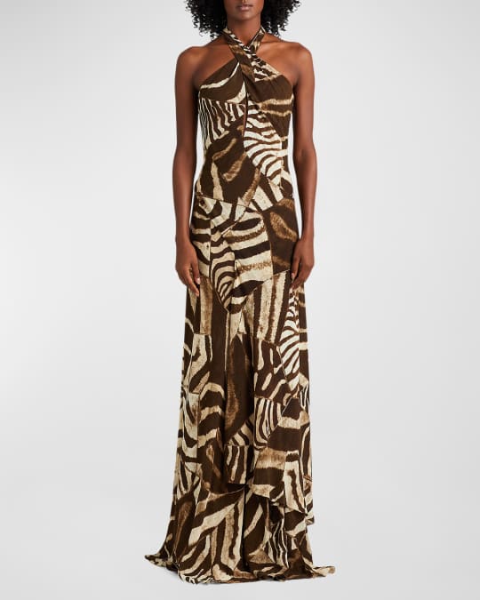 Niccola Animal Print Crossover Halter Gown