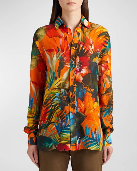 Ralph Lauren Collection Adrien Tropical-Print Collared Linen