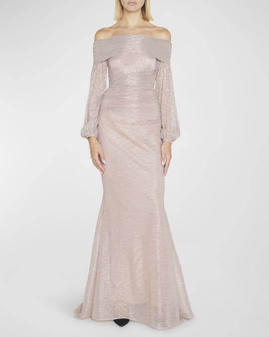 Talbot Runhof Off-The-Shoulder Metallic Voile Trumpet Gown | Neiman Marcus