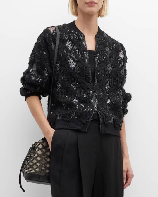 【送料&関税込】Brunello Cucinelli Bomber Jacket Embellished BRUNELLO CUCINELLI Bead-embellished leather-trimmed wool