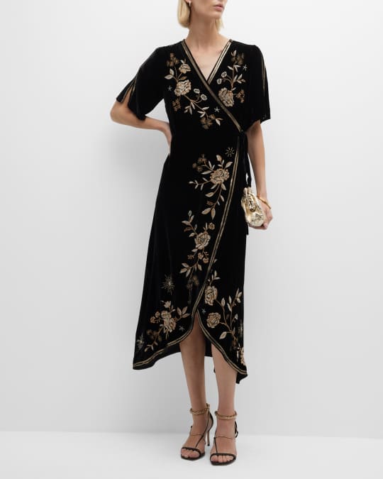 sachin and babi light blue dress Johnny Was Ally Floral Embroidered Sequin Velvet Wrap Midi Dress