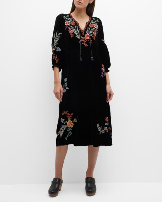 Johnny Was Ardell Floral Embroidered Velvet Boho Midi Dress | Neiman Marcus