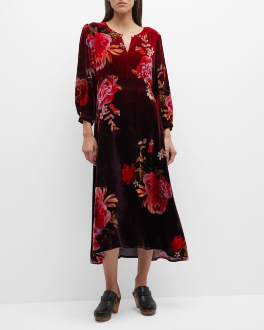 Johnny Was Coralie Floral-Print Velvet Midi Dress | Neiman Marcus