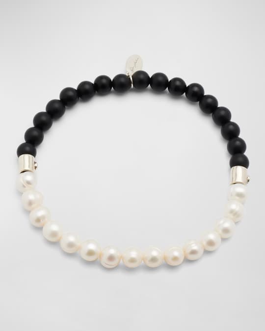 Men's Black Onyx and Freshwater Pearl Split Beaded Bracelet