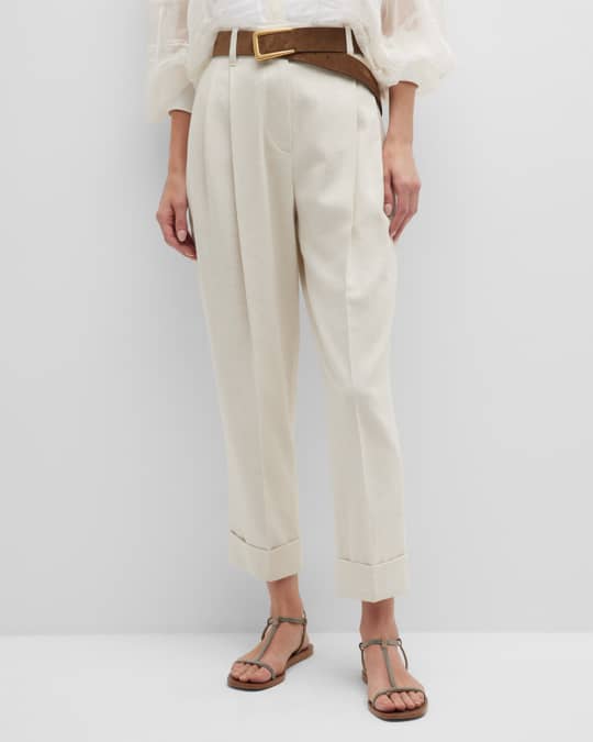 Brunello Cucinelli Monili-Trim Metallic Pleated Tapered-Leg