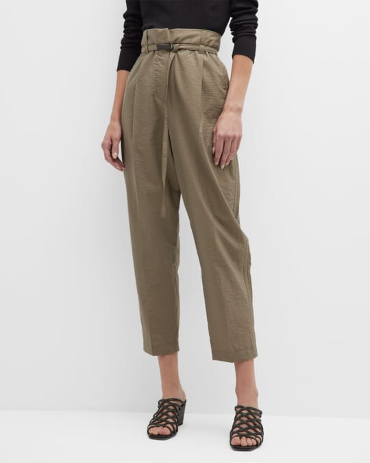 Brunello Cucinelli Monili Belted Tapered-Leg Ankle Paperbag Pants