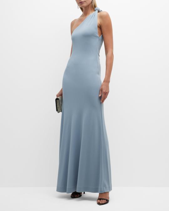 open lace back dress Knot Detail Asymm One Shoulder Luxe Slinky Maxi Dress Stone