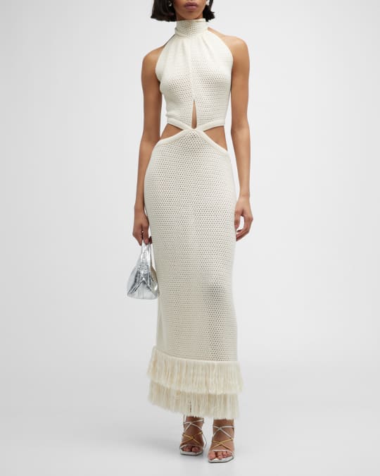 johanna ortiz crochet dress Johanna Ortiz Dramatic Irony Knit Maxi Dress with Fringe Trim