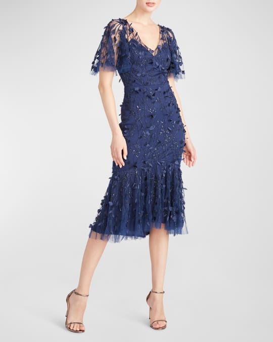 Theia Gretchen Beaded Flutter-Sleeve Midi Dress | Neiman Marcus