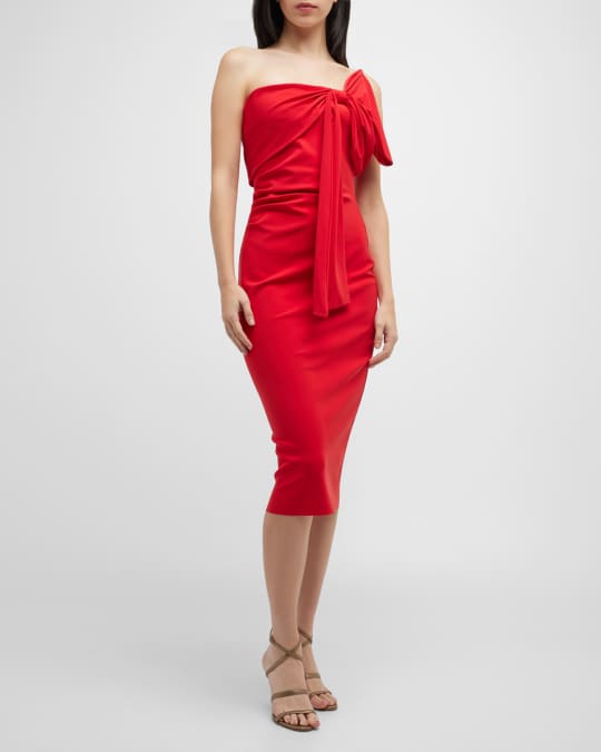 Strapless Draped Bow Front Midi Dress