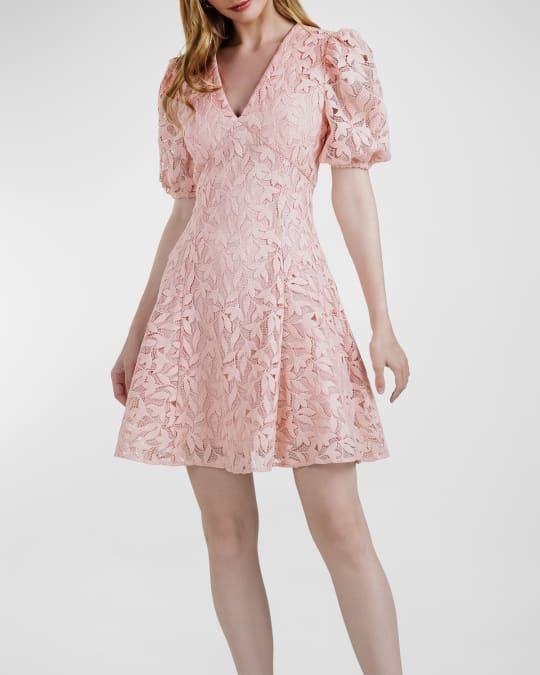 Shoshanna Alize Puff-Sleeve Lace Mini Dress | Neiman Marcus