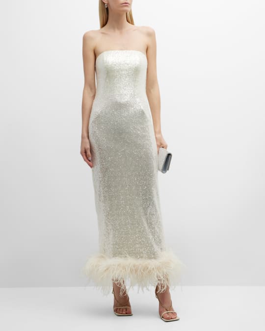 Strapless Sequin Feather Trim Gown