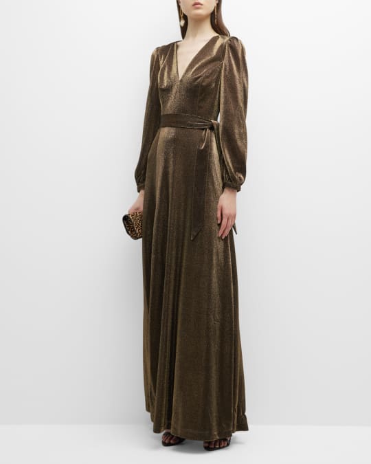 Dress the Population Black Label Eris Blouson-Sleeve A-Line Shimmer Gown |  Neiman Marcus