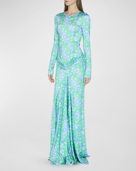 Marni Wavy Floral-Print Ruched Gown Neiman Marcus