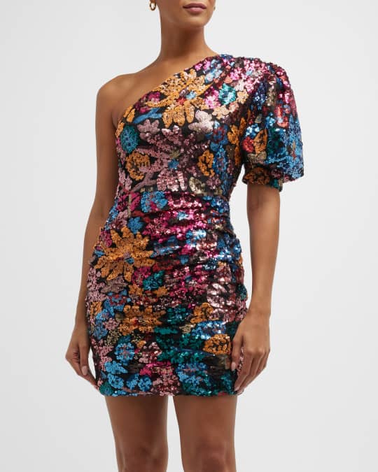 Ronny Kobo Givena Floral Sequin One-Shoulder Mini Dress | Neiman Marcus