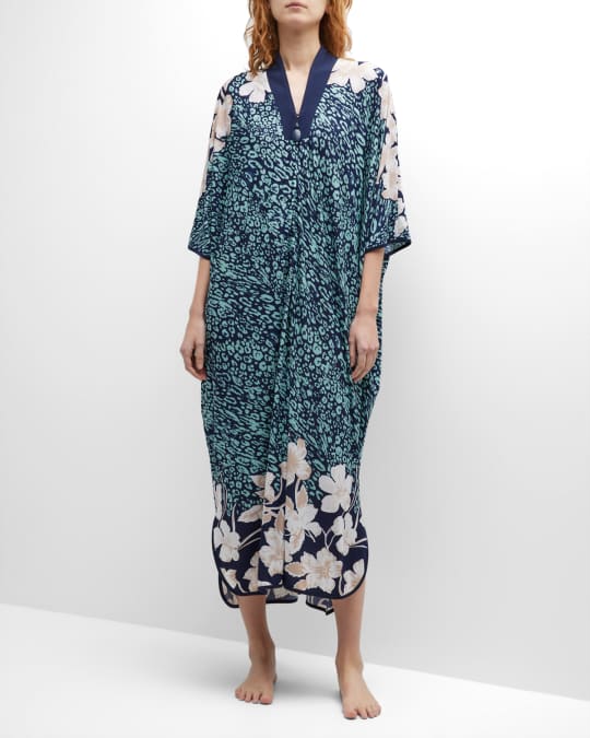 Diamond Tea Gown Printed 3/4Sleeve SideSlit Caftan Neiman Marcus