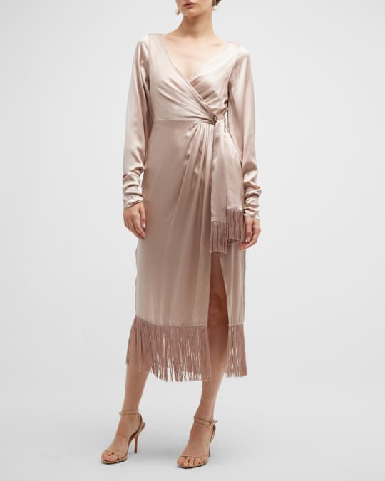 Page Fringe Trim Silk Midi Wrap Dress
