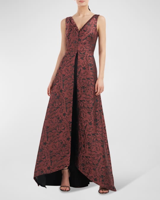 Kay Unger New York High-Low Floral Jacquard Walk-Thru Jumpsuit