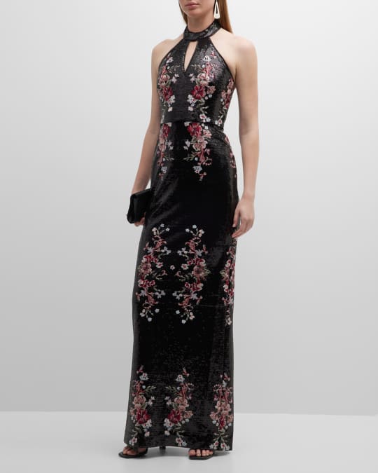 Floral Embroidered Cutout Sequin Halter Gown