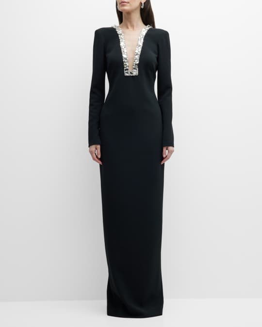 Pamella Roland Plunged Column Gown With Beaded Crystal Trim | Neiman Marcus