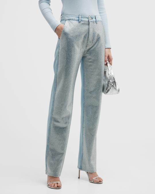 FRAME Le Jane High Rise Straight Rhinestone Jeans | Neiman Marcus