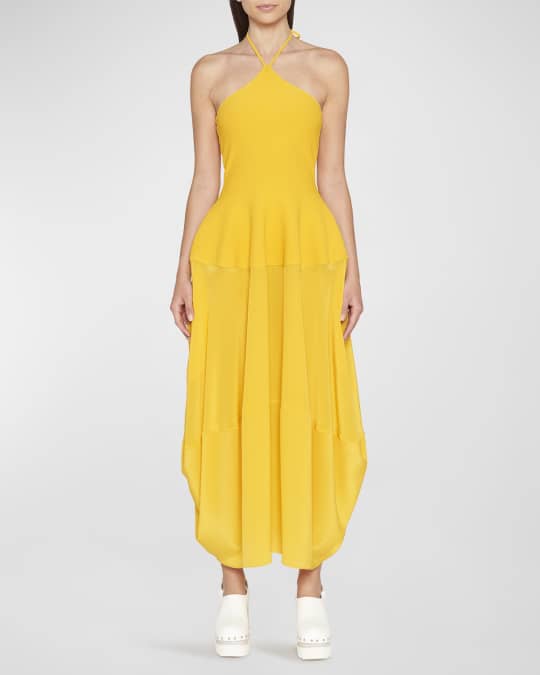 Stella McCartney Mixed-Media Fit-&-Flare Halter Midi Dress | Neiman Marcus