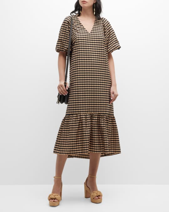 knee length dresses for ladies Pinkblush Maternity Olive Gingham Smocked Midi Dress main image 0