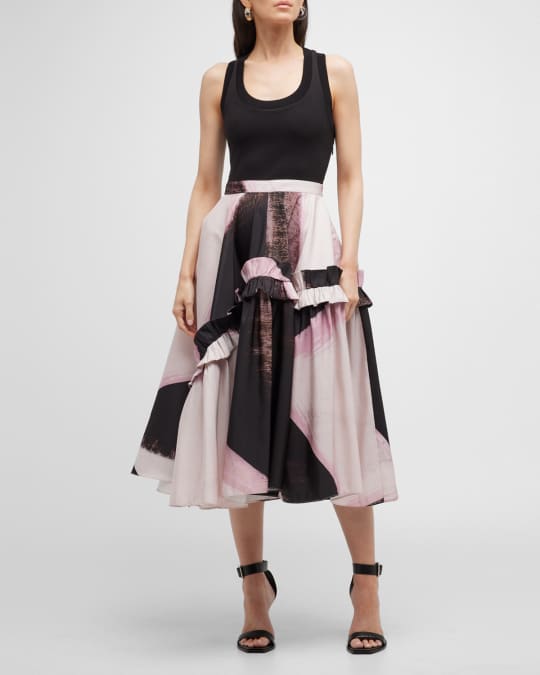 McQueen Brushstroke-Print Ruffle Sleeveless Midi Dress | Neiman Marcus