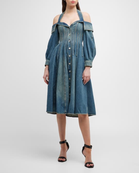 her lip to RuffledShoulderDenimMidiDress