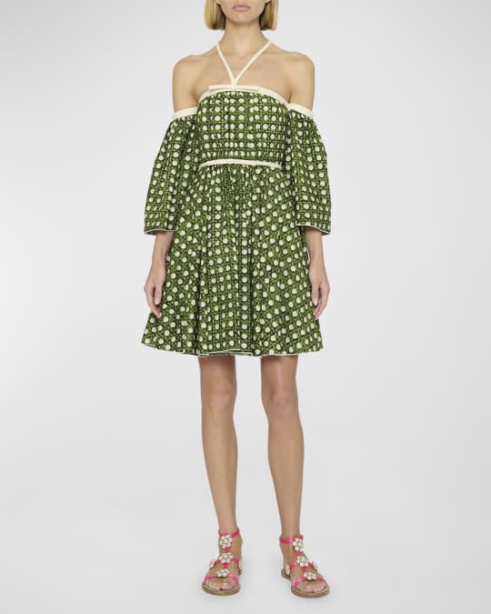 Giambattista Valli Woven-Print Halter Off-The-Shoulder Dress | Neiman Marcus