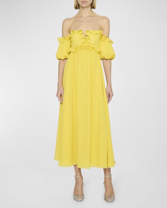 ruffle empire waist dress Giambattista Valli Empire-Waist Off-The-Shoulder Midi Size:M - IN-STOCK SS24s4 *SIZE AND FIT The Gorgeous Spaghetti-Straps Dark Green Midi dress
