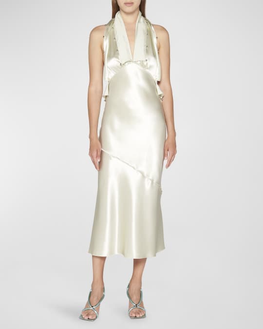 Bottega Veneta Beaded-Ruffle Halter Satin Midi Dress