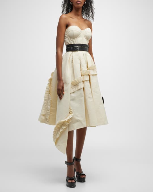 McQueen Corset Style Midi Dress w/ Ruffle Trim | Neiman Marcus