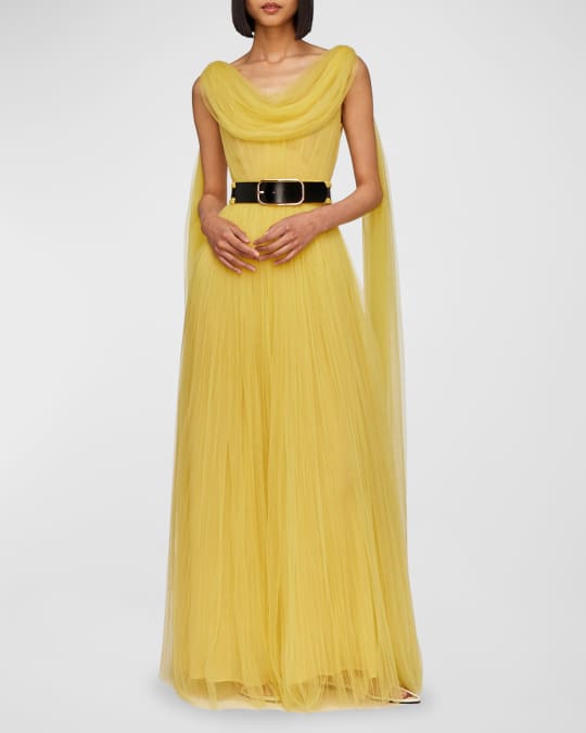 LEO LIN Juno Belted Cowl-Neck Draped Tulle Gown | Neiman Marcus