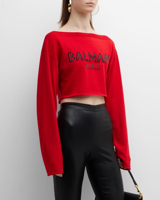 Balmain Metallic Logo Boat-Neck Crop Sweater Neiman Marcus