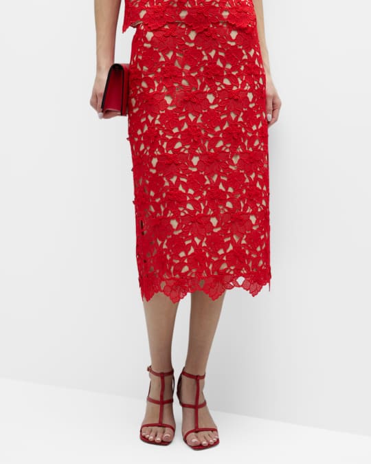 Red lace midi pencil skirt online
