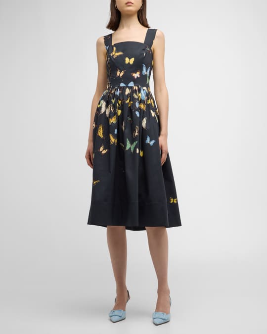 Oscar de la Renta Belted Butterfly Print Midi Dress Neiman Marcus