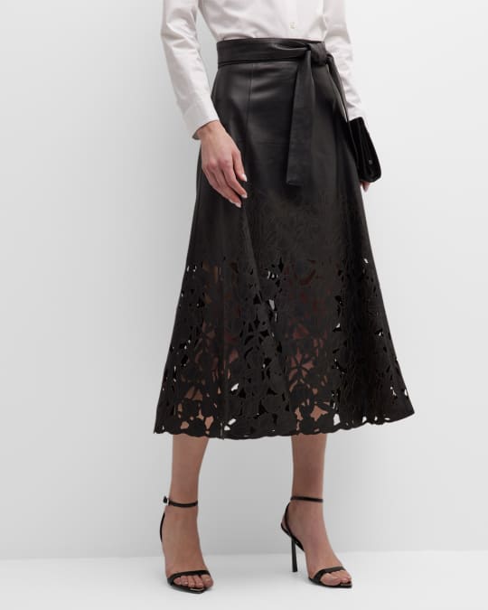 Oscar de la Renta Floral Lasercut Leather Belted Midi Skirt