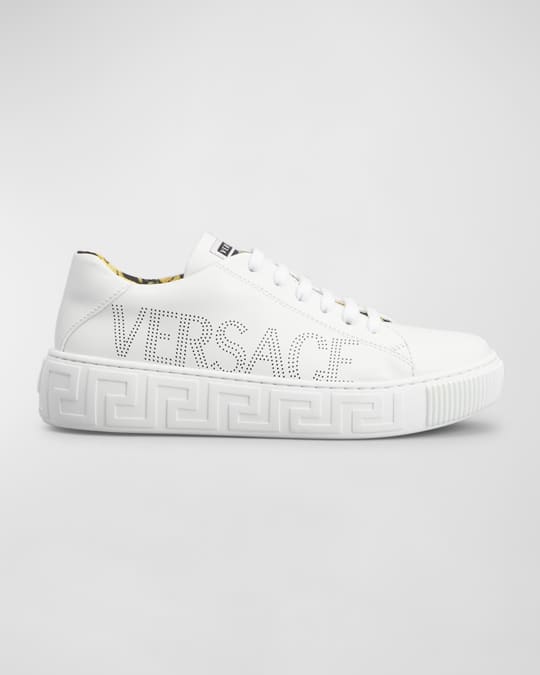 Versace Kid s Greca Embossed Logo Print Leather Sneakers Toddlers
